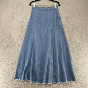 Poison Mushroom Denim Maxi Skirt Womens Medium Frayed Hem Slit Chambray A-Line